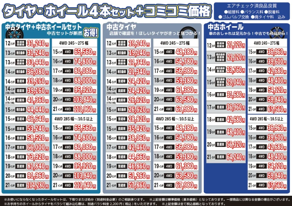タカハシタイヤ(中古タイヤ・ホイール4本セット+コミコミ価格表